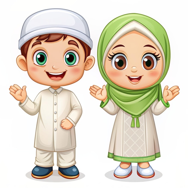 Photo cute girl and boy moslem celebrating eid mubarak cartoon vector icon illustration people religion icon concept isolated premium vector flat cartoon style