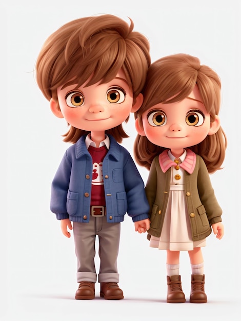 A cute girl and boy standing in front of white background 3d render