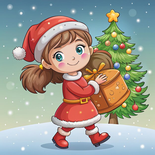 Cute girl carrying a presents sack on christmas holiday celebration hand drawn cartoon art illustration