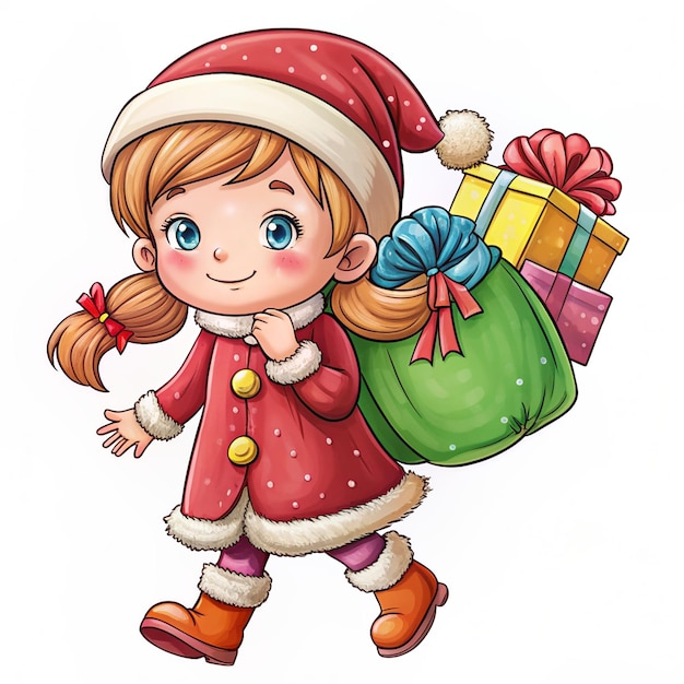 Cute girl carrying a presents sack on christmas holiday celebration hand drawn cartoon art illustration