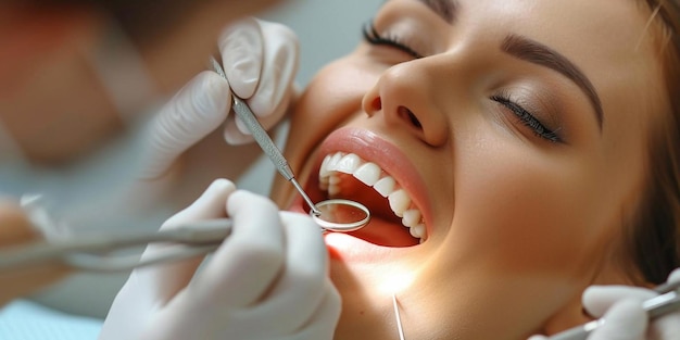 Photo cute girl in a dental clinic dentist with an assistant in protective blue gloves are examining her teeth with a help of a dental probe with a mirror and an air polisher closeup horizontal photo