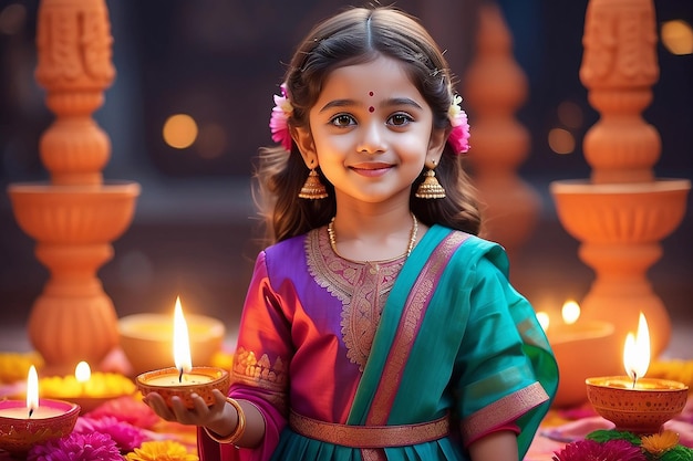 A cute girl in Diwali celebration wearing colorful outfit Generative Ai