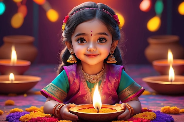 A cute girl in Diwali celebration wearing colorful outfit Generative Ai