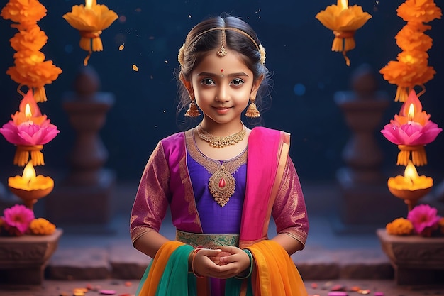 A cute girl in Diwali celebration wearing colorful outfit Generative Ai