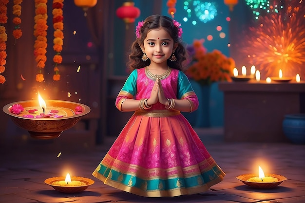 A cute girl in Diwali celebration wearing colorful outfit Generative Ai