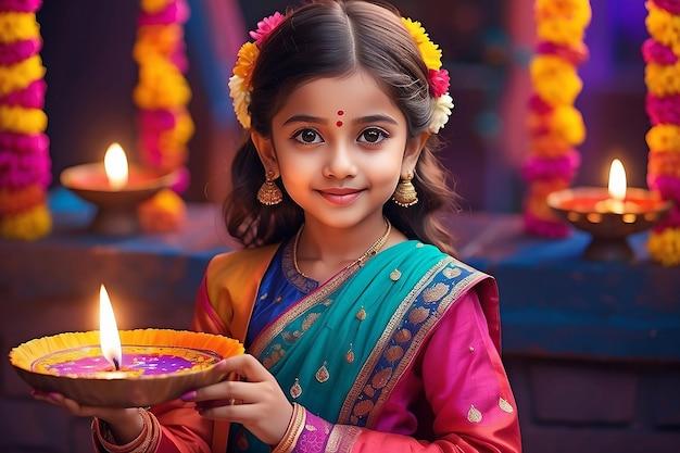 A cute girl in Diwali celebration wearing colorful outfit Generative Ai