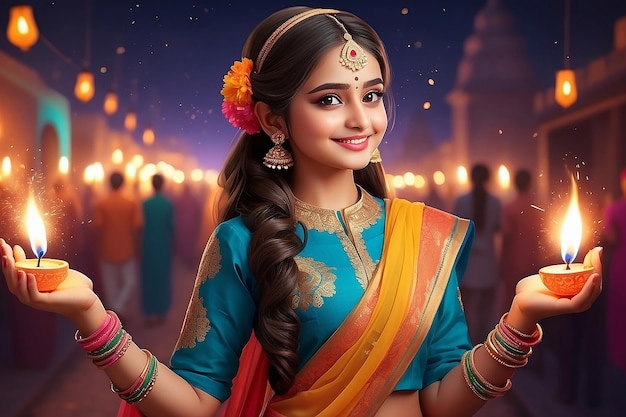 A cute girl in Diwali celebration wearing colorful outfit Generative Ai