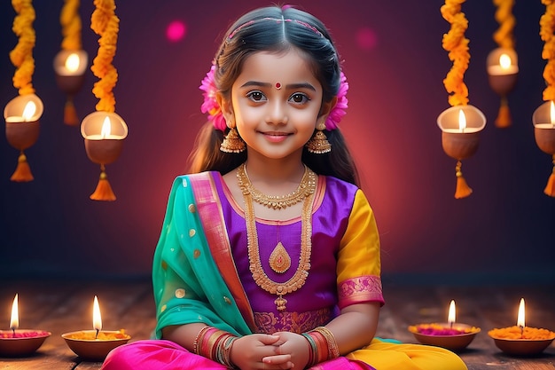 A cute girl in Diwali celebration wearing colorful outfit Generative Ai