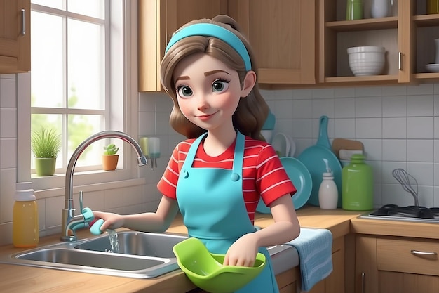 Cute girl doing dishesTeenage washing dishes