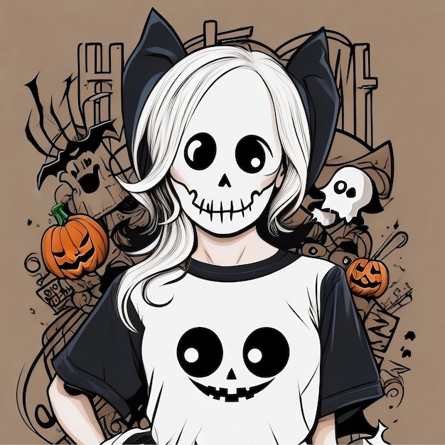 Cute girl drawn in graffiti style creepy illustration halloween skulls and ghosts Print