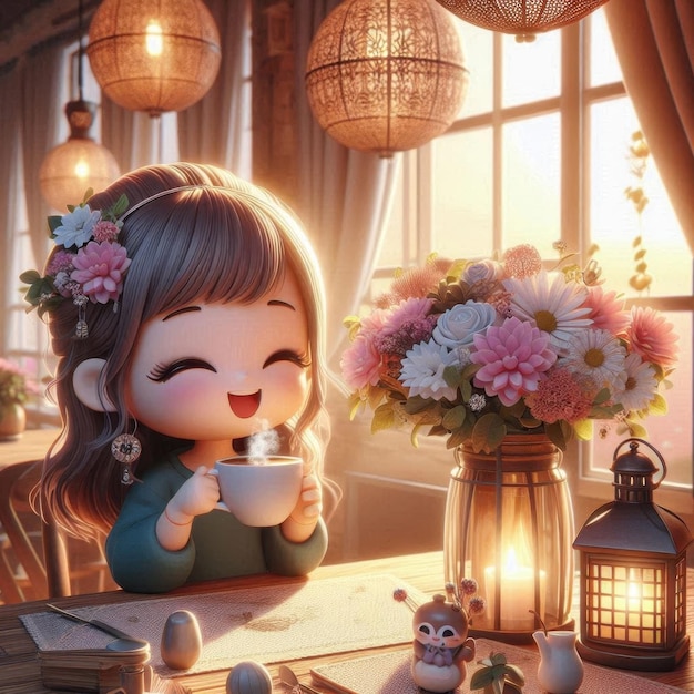 Cute girl enjoying coffee with flowers at a cozy table with flowers and warm lighting