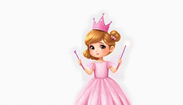 Photo cute girl in fairy dress with pink crown and magic wand on light grey background space for text