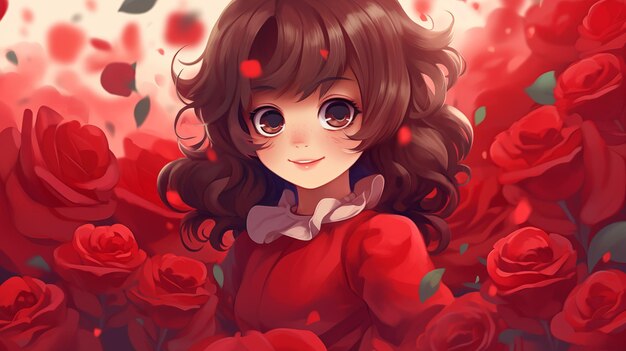 Cute girl in a field of red roses Childrens illustration