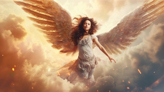 Cute Girl flying in air with wings on her body HD 8K wallpaper Stock Photographic Image