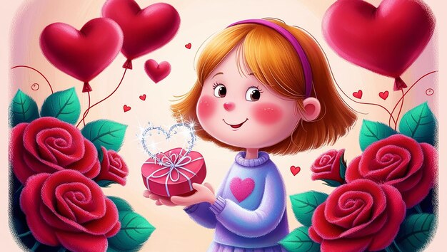 Photo cute girl gives her heart to her boyfriend happy valentine cartoon character illustration