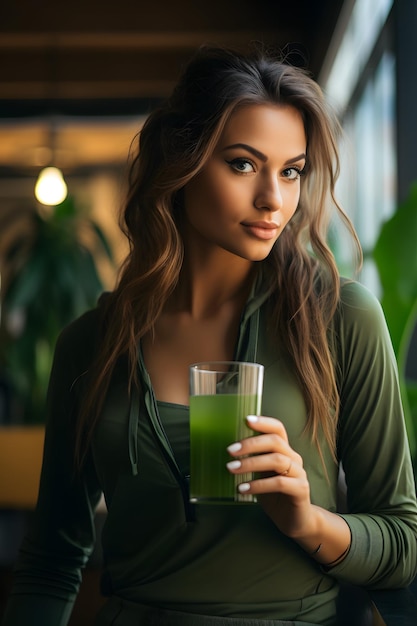 Cute Girl in Green Dress Holding a Healthy Chlorophyll Water Drink by the Sea