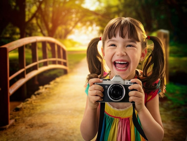 Cute girl holding camera celebration background for world photography day