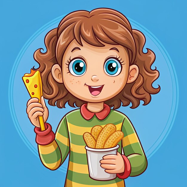 Cute girl holding and eating cheese stick fast food logo banner hand drawn cartoon art illustration