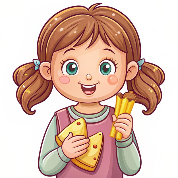 Cute girl holding and eating cheese stick fast food logo banner hand drawn cartoon art illustration