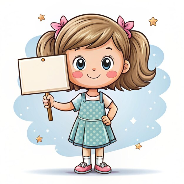 Cute girl holding empty sign billboard banner hand drawn cartoon art illustration