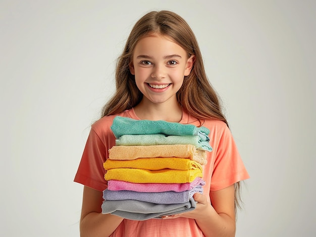 Cute Girl Holding a Stack of Clean Colored Laundry