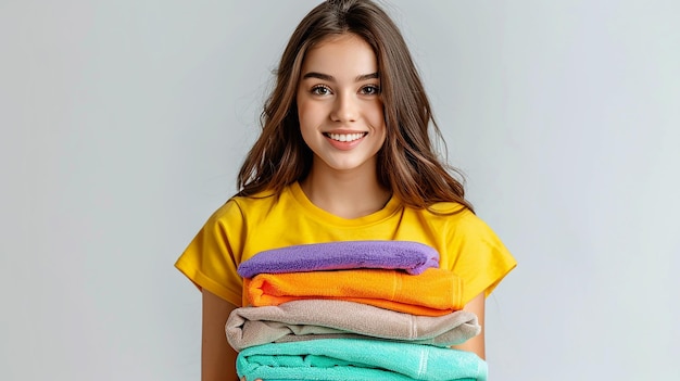 Cute Girl Holding a Stack of Clean Colored Laundry