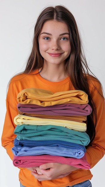 Cute Girl Holding a Stack of Clean Colored Laundry