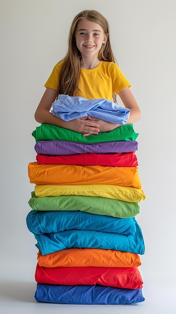 Cute Girl Holding a Stack of Clean Colored Laundry