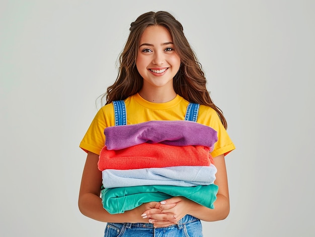 Cute Girl Holding a Stack of Clean Colored Laundry