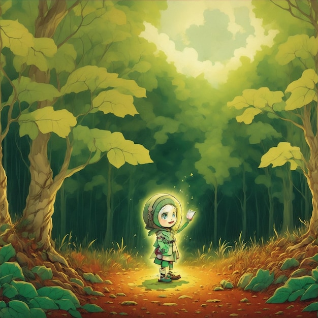 Cute girl illustration in forest