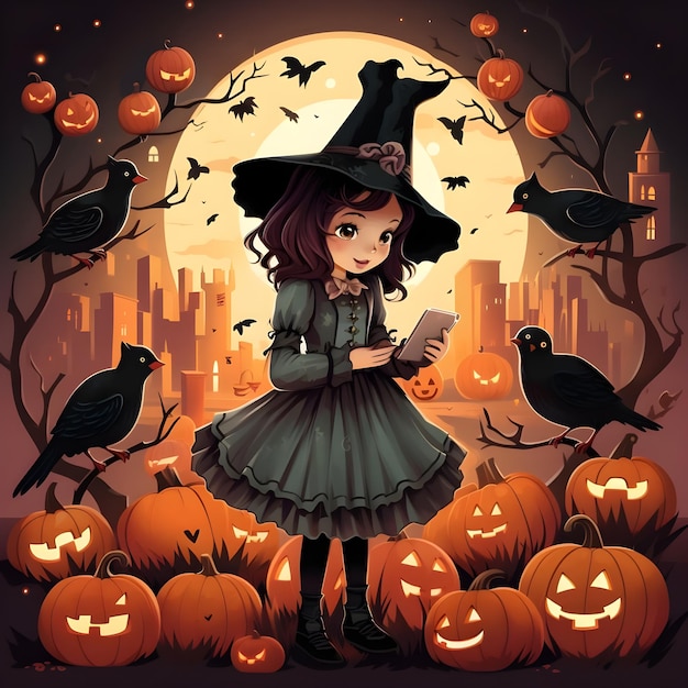 Cute girl illustration in a funny social media post for Halloween festival party