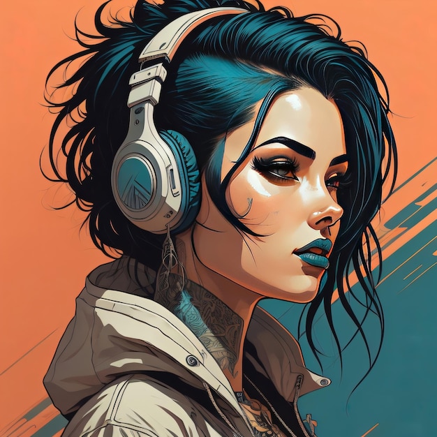 Cute girl illustration with headphone jacket blue green lips and tattoo