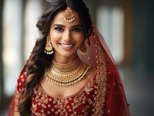 cute girl Indian bride dressed in Hindu red traditional wedding clothes