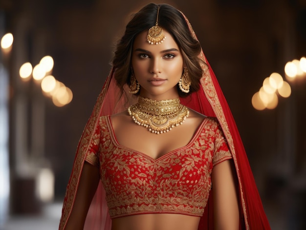 cute girl Indian bride dressed in Hindu red traditional wedding clothes