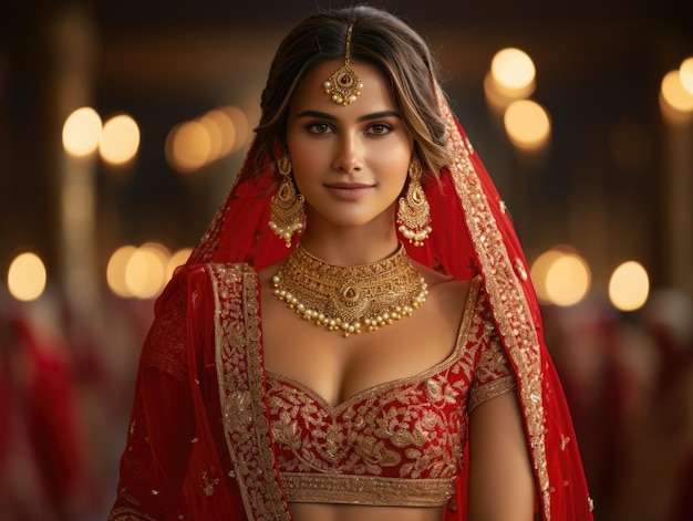 cute girl Indian bride dressed in Hindu red traditional wedding clothes