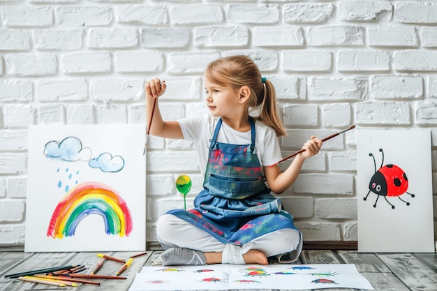 Photo cute girl is drawing drawing picture