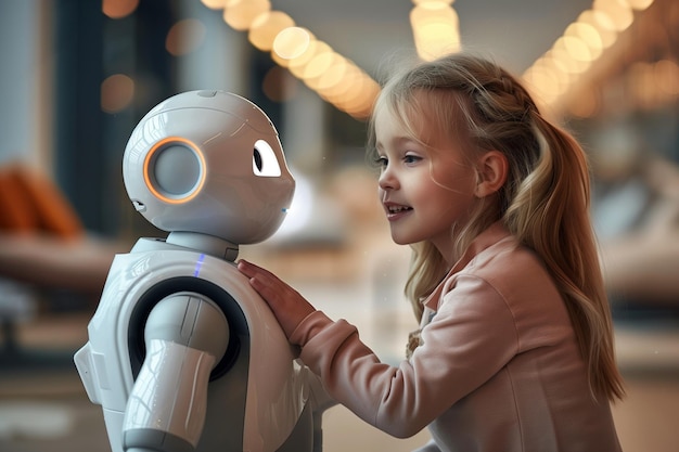 A cute girl is playing with a robot in future concept