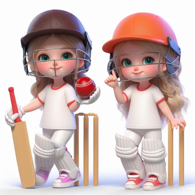 a Cute girl playing cricket and a cricket uniform 3D Style Isolated in white background