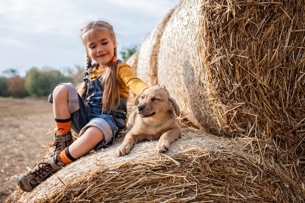 Photo cute girl playing with puppy on rolls of hay bales in field