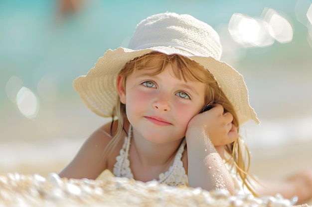 Cute girl playing with sand at the beach during vacation