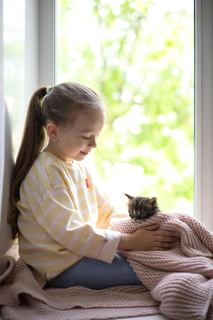 A cute girl plays with her little fluffy kitten sitting on the windowsill of the house Friendship with a pet Lifestyle