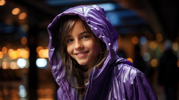 A cute girl in a purple rain coat