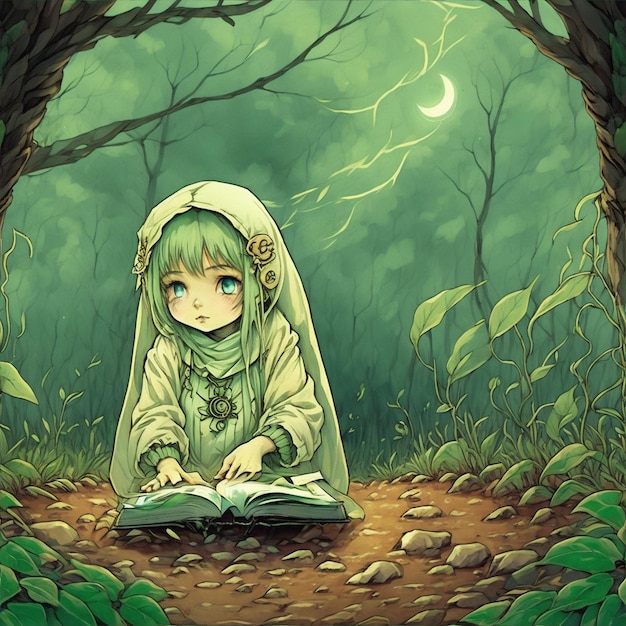 Cute girl reading book illustration image