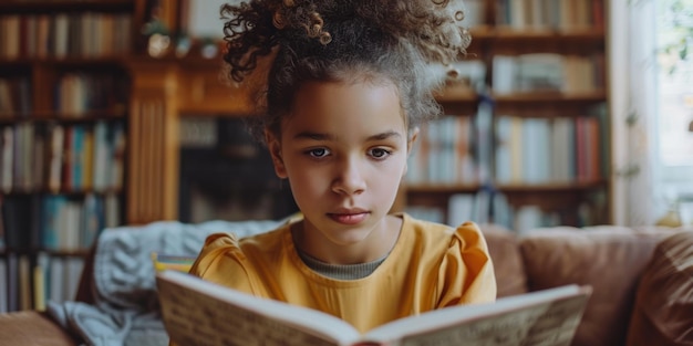 Cute girl reading a book and smiling while sitting on a sofa in the room ai generated