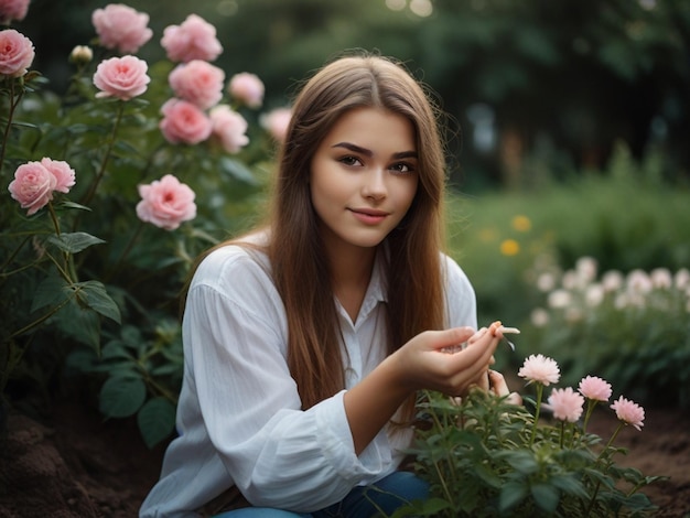 Cute girl roes is pluck in a garden