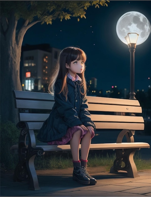 a cute girl sitting on bench in night