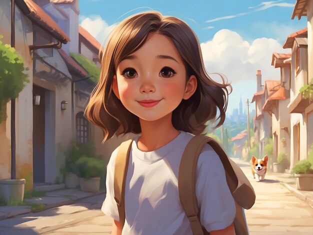 Cute Girl Smiling in a Village Street Adorable Corgi Dog Pets Self