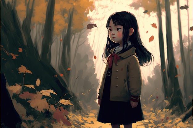 Cute girl standing in the magic forest alone Young girl standing in the autumn forest digital art style illustration painting