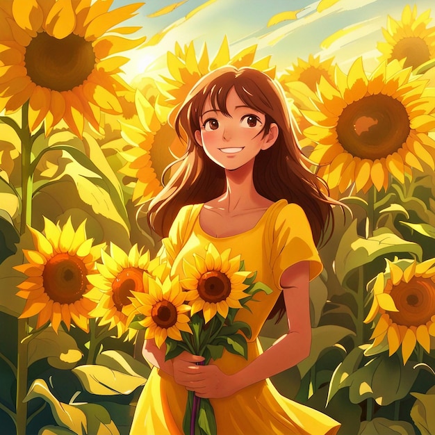 A cute girl in sunflower garden with yellow dress illustration