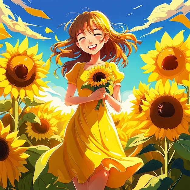 A cute girl in sunflower garden with yellow dress illustration